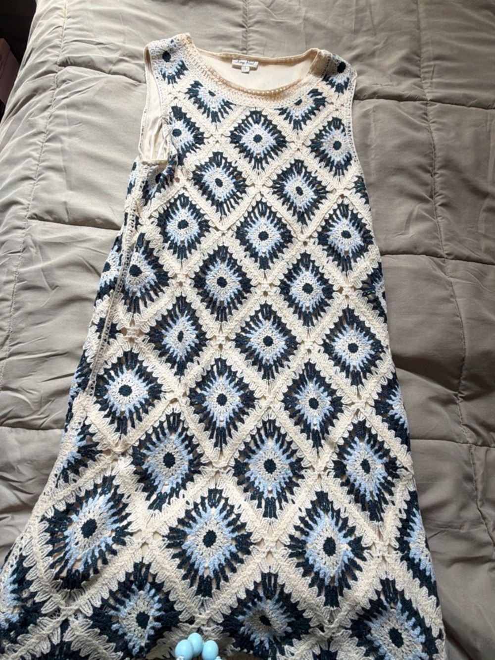 Crochet Midi Dress in Cream and Navy